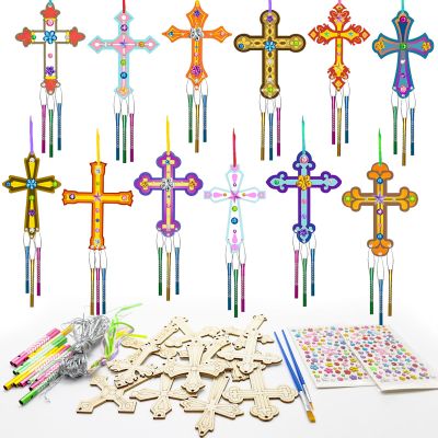 12Pack DIY Christian Cross Wind Chime Kit, Religious Arts and Crafts Set with Wooden Cross Ornaments Painting Supplies Multicolor Chime Tubes, Ideal for Bible School Sunday School Easter Activities