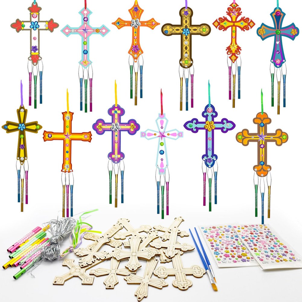 12Pack DIY Christian Cross Wind Chime Kit, Religious Arts and Crafts Set with Wooden Cross Ornaments Painting Supplies Multicolor Chime Tubes, Ideal for Bible School Sunday School Easter Activities
