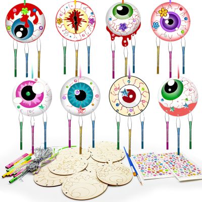 16 Pack Halloween Wind Chime Kit,Halloween Hanging Ornaments DIY Coloring Wooden Pumpkin Witch Spider Boo Cutouts Ghosts Crafts for Trick or Treat Party Art Activity Supplies Decoration (Eye)