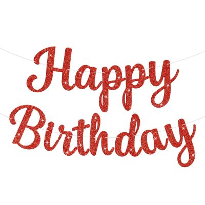 Red Glitter Happy Birthday Banner Sign, Birthday Garland Wall Door Banners Flag for Women Men Boys Girls Party Backdrop Decorations