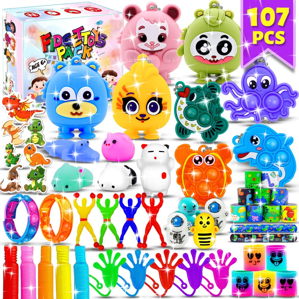 107Pcs Party Favors for Kids, Bulk Fidget Toy Pack, Prizes Box Toys for Kids Classroom, Treasure Box Toys Goodie Bag Pinata Stuffers for Kid 4-8, Birthday Gift, Classroom Prizes, Treasure Chest