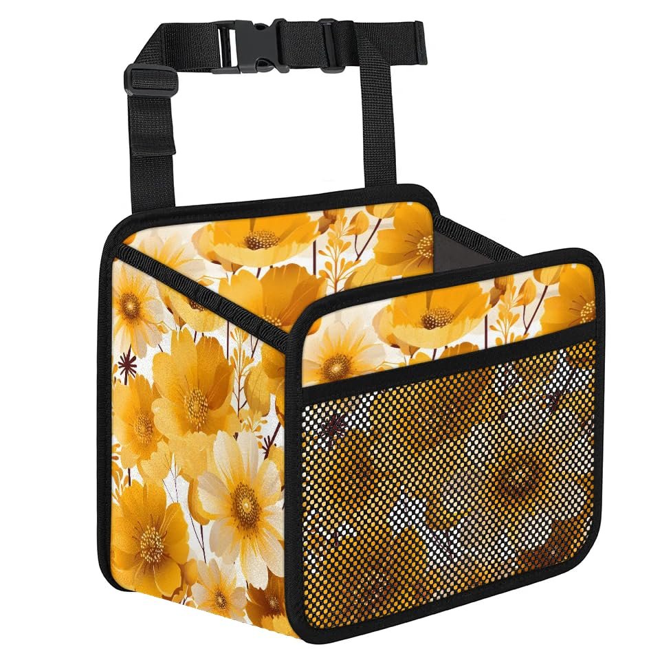 Yellow Flowers Car Organizer Back Seat Car Seat Back Hanging Bag PU Leather Backseat Car Organizer Foldable Car Seat Storage Bag Car Accessories