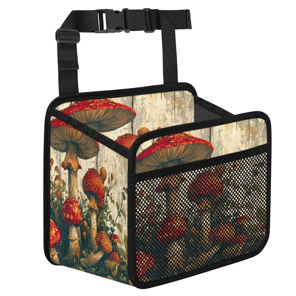 Retro Mushroom Car Organizer Back Seat Car Seat Back Hanging Bag PU Leather Backseat Car Organizer Foldable Car Seat Storage Bag Car Accessories