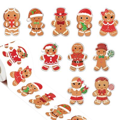 1000Pcs Christmas Stickers Roll Gingerbread Man Decals 10 Designs Funny Cartoon Xmas Adhesive Decorative Seal Stickers for Gift Greeting Card Party Supplies