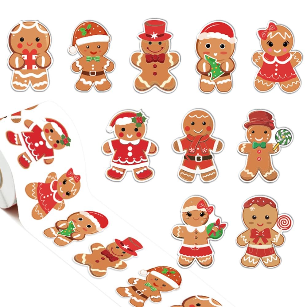1000Pcs Christmas Stickers Roll Gingerbread Man Decals 10 Designs Funny Cartoon Xmas Adhesive Decorative Seal Stickers for Gift Greeting Card Party Supplies