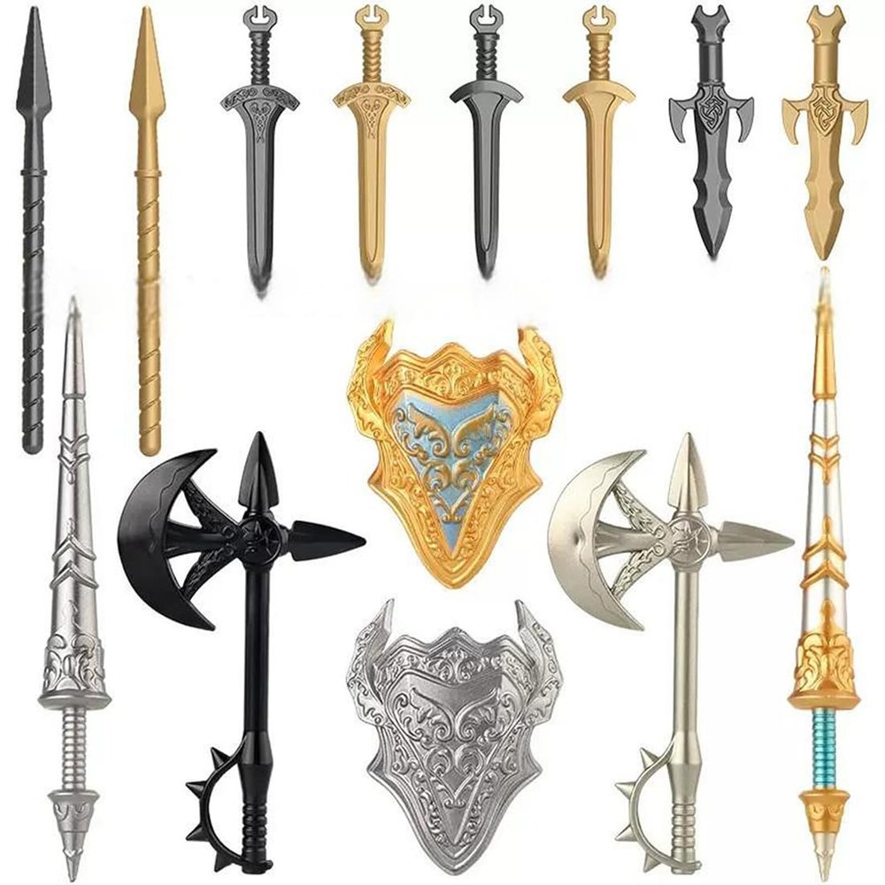 EnuoChbuild Medieval Weapon Pack Military Weapon Round Table Knights Arms, Military Soldier Weapons Accessories Pack Kits, DIY Assembly Building Blocks - 14 Pieces, 06ZSYX19145H2X16N