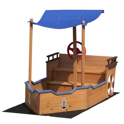 Kids Pirate Boat Wood Sandbox, Wooden Pirate Sandbox with Canopy, Bench Seats, Storage, Non-Woven Fabric Cloth for Backyard, Home, Lawn, Garden