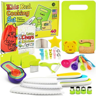 40-Pcs Kids Knife Set for Real Cooking, Toddler Cooking Set Montessori with Recipes Book, Toddler Kitchen Tools for Cooking, Kids Cooking Sets Real - Cutting Board and Knife Set