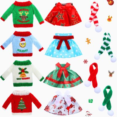 12Pcs Christmas Elf Accessories Christmas Elf Doll Clothes Colorful Doll Skirts Scarves Sweaters Handmade Knitted Clothing with Xmas Tree Bells Elk Xmas Outfit, Dolls Not Included