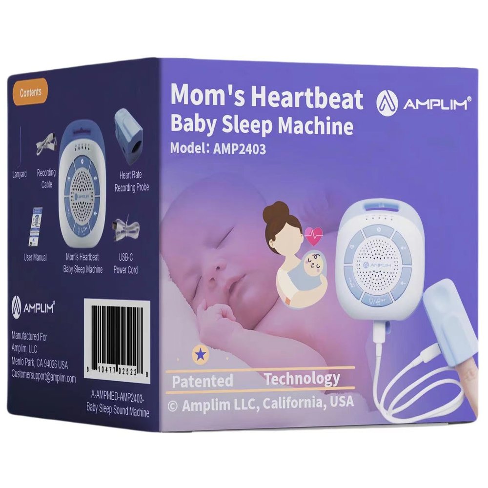 Amplim Portable Baby Sound Machine, Moms Heartbeat Recording + 19 White Noise Sleep Soothers for Newborns, Infants, Preemies, Kids | Hang on Crib, Stroller | Nursery Essential, Registry Gift, Shower