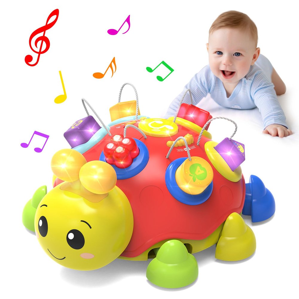 Baby Crawling Toys 6-12 Months,Musical Ladybug Crawling Toy for Infants 0-3-6 7 8 9 10 12-18 Months,Early Education Light Up Music Walking Toys,Shape Matching,Tummy Time Toys for Boy Girl Gift (Red)