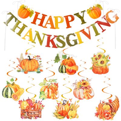 Happy Thanksgiving Banner Sign with Hanging Swirls Bows for Autumn Party Supplies Pumpkin Maple Leaf Ceiling Swirls for Home Office Fall Decor