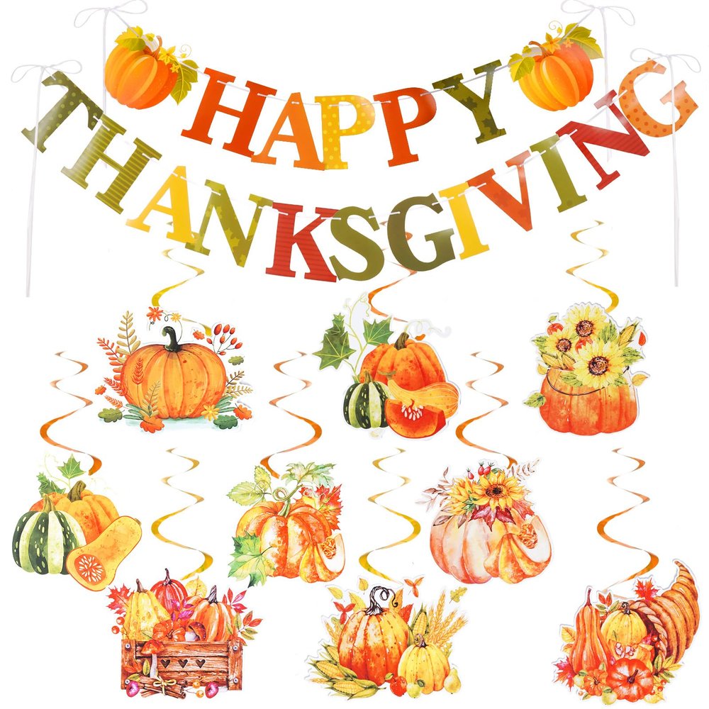 Happy Thanksgiving Banner Sign with Hanging Swirls Bows for Autumn Party Supplies Pumpkin Maple Leaf Ceiling Swirls for Home Office Fall Decor