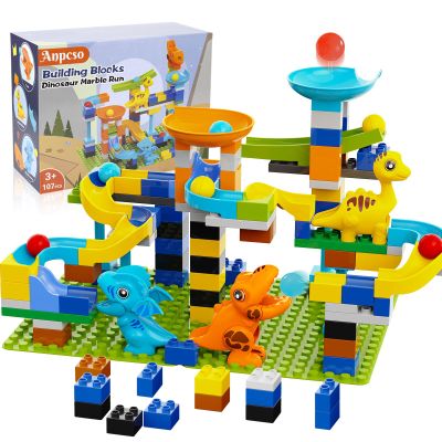 Anpcso Marble Run Building Blocks, Dinosaurs Marble Track Toy Classic Large Bricks for 3 4 5 6 7 + Year Old Boys Girls Kids, Bricks Compatible with All Major Brands