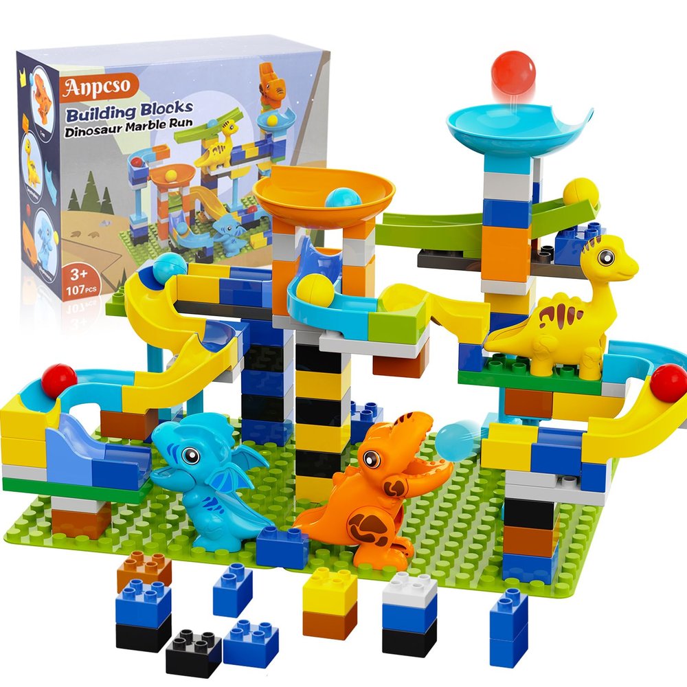 Anpcso Marble Run Building Blocks, Dinosaurs Marble Track Toy Classic Large Bricks for 3 4 5 6 7 + Year Old Boys Girls Kids, Bricks Compatible with All Major Brands