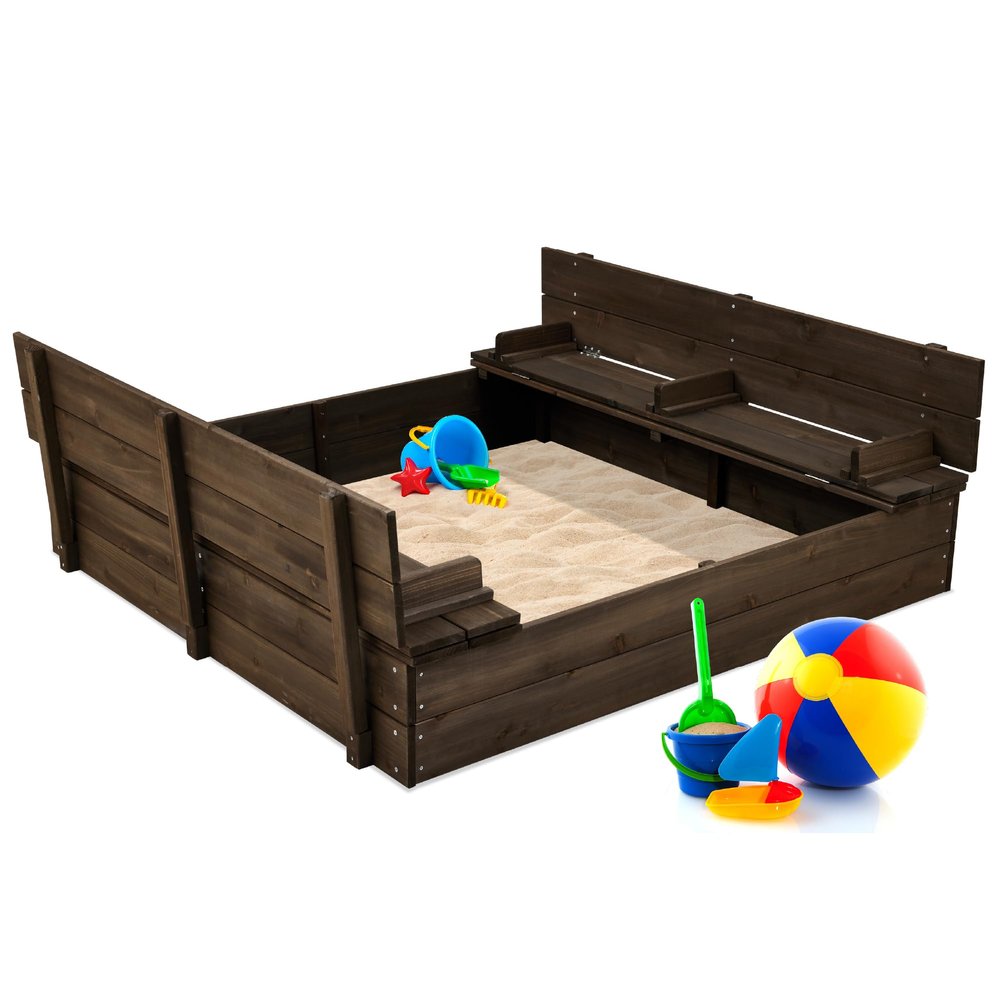 Best Choice Products Large Outdoor Wooden Sand Box for Kids, Sandbox with Cover, Bench Seats Support up to 220 lbs, Bottom Liner for Drainage, Cedar Wood - Espresso