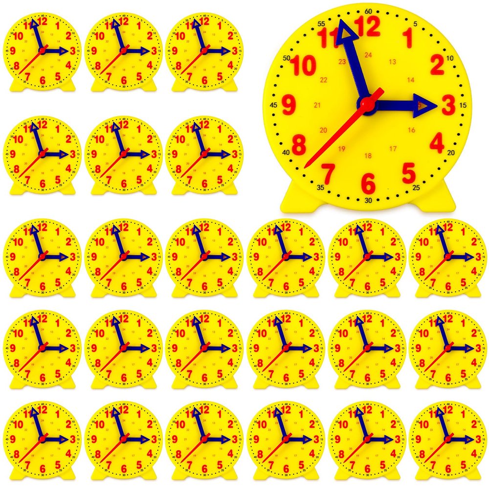 Batiyeer 24 Pcs Teaching Clock Kit for Kids to Tell Time Teaching Mini Geared Clock for Kids Basic Math Development Teacher and Classroom Supplies, 4 Inch(Yellow)