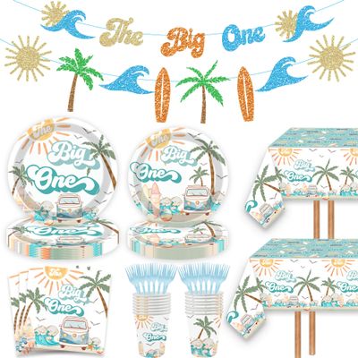 125 Pcs Surf 1st Birthday Decoration Surfing The Big One Paper Plates Napkins Cups Forks Table Cover Banner for Surf Board Sun Retro Van Wave Theme Surfing 1st Bday Baby Shower Party Supplies