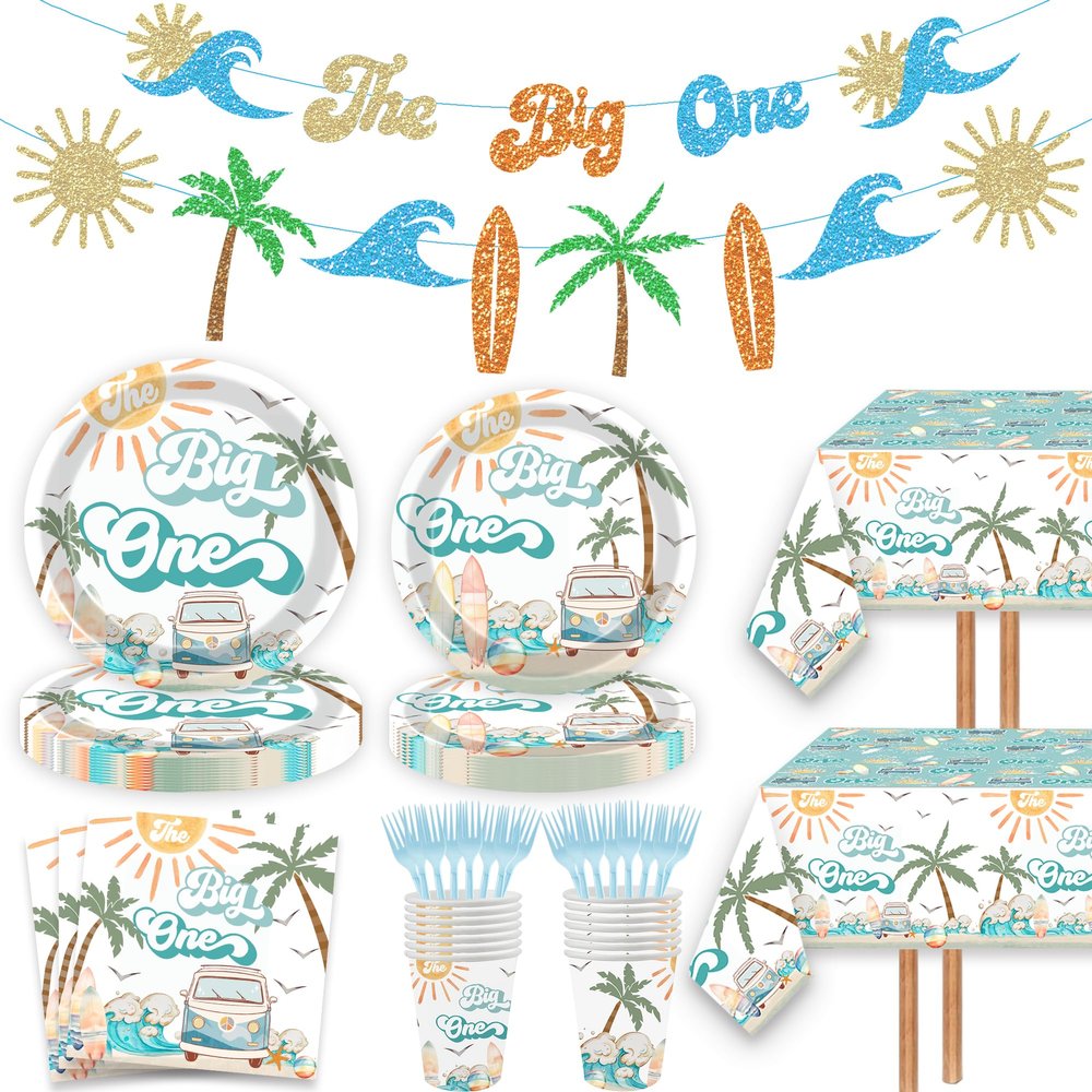 125 Pcs Surf 1st Birthday Decoration Surfing The Big One Paper Plates Napkins Cups Forks Table Cover Banner for Surf Board Sun Retro Van Wave Theme Surfing 1st Bday Baby Shower Party Supplies