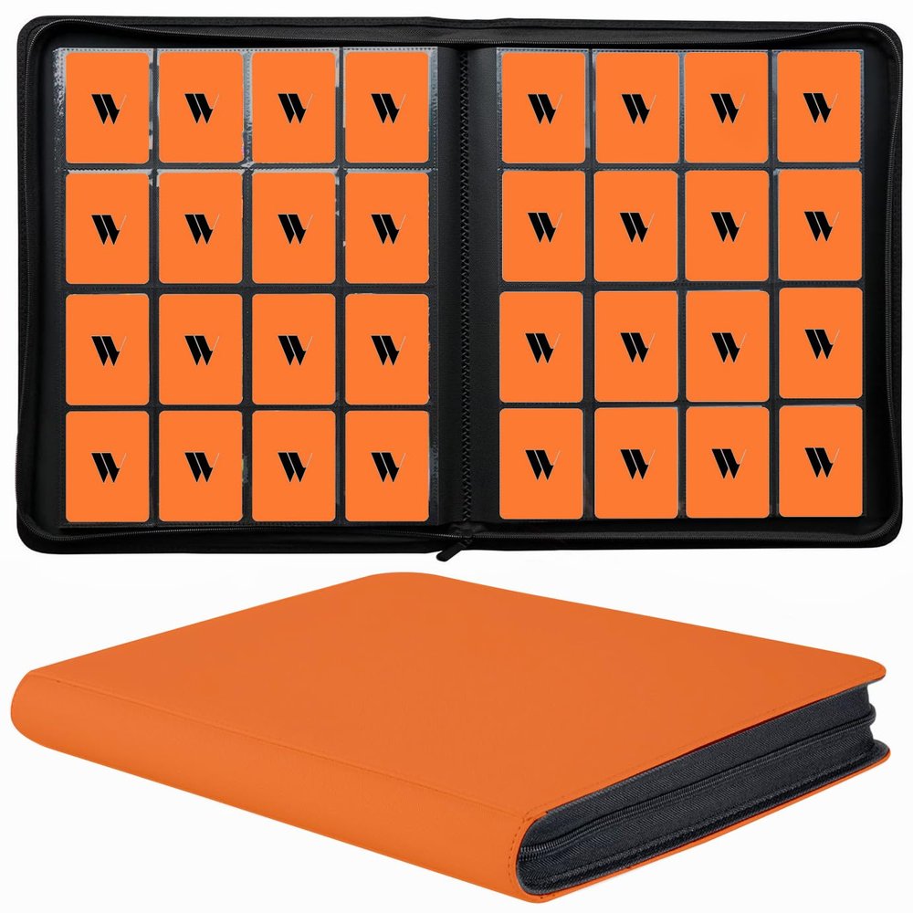 16 Pocket Card Binder, 1000+ Premium Zip Trading Card Binder, Double Sided Pocket Card Binder Album, Ringless Card Folder for MTG, TCG, Sports Card (Orange, 16Pockets)
