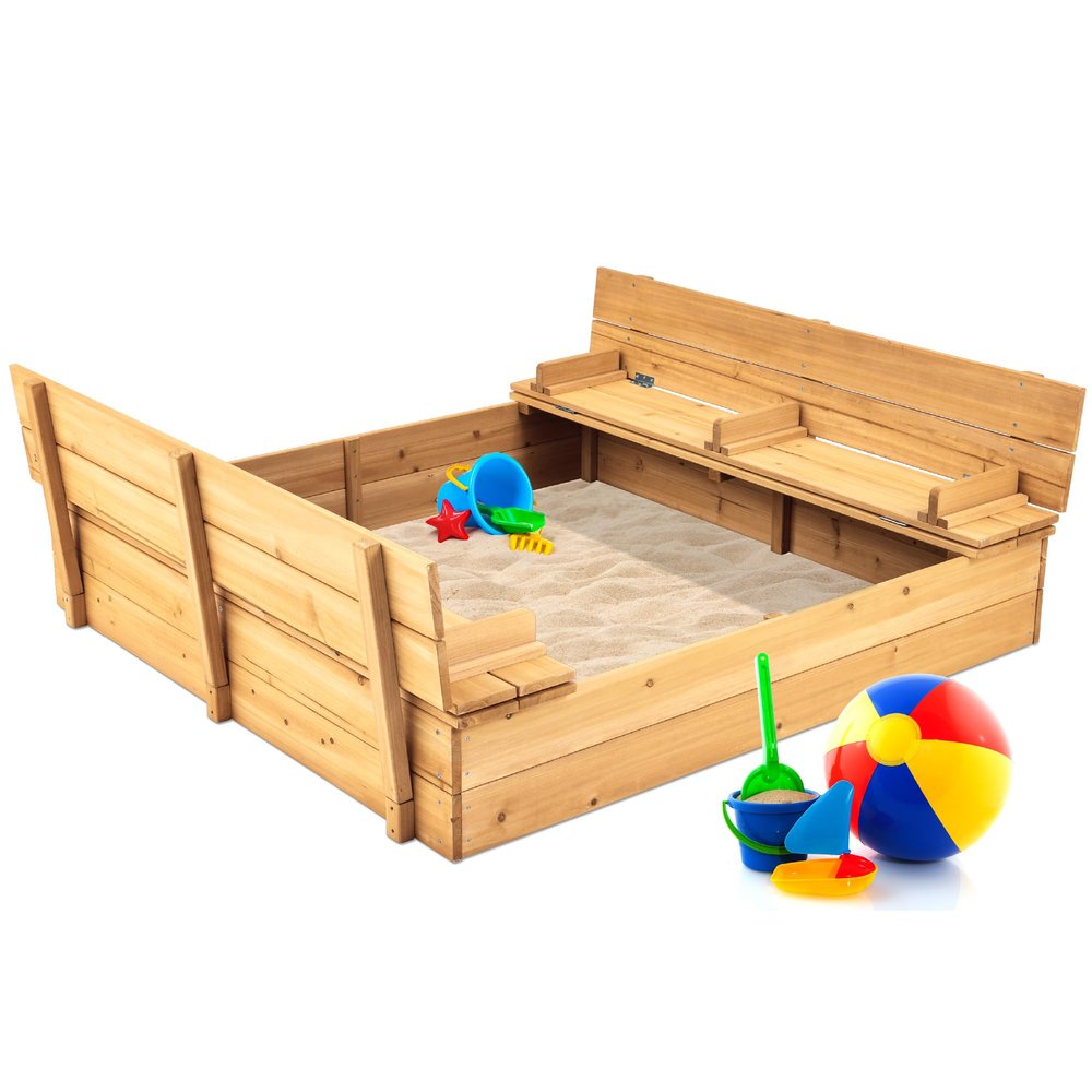 Best Choice Products Large Outdoor Wooden Sand Box for Kids, Sandbox with Cover, Bench Seats Support up to 220 lbs, Bottom Liner for Drainage, Cedar Wood - Natural