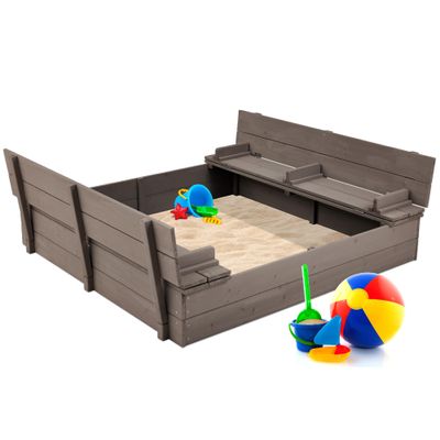 Best Choice Products Large Outdoor Wooden Sand Box for Kids, Sandbox with Cover, Bench Seats Support up to 220 lbs, Bottom Liner for Drainage, Cedar Wood - Gray