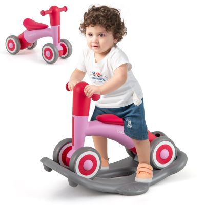 BABY JOY 3 in 1 Rocking Horse, Kids Ride on Toy Balance Bike w/ 4 Smooth Wheels, Detachable Balance Board and Height Adjustable Seat, Baby Rocking Toy for Boys Girls 1-3 Years Old (Rose+Pink)