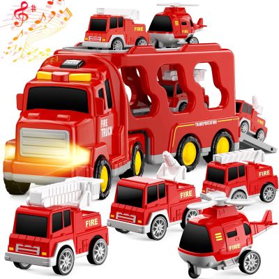 FunMission Toddlers Fire Truck for Kids 3-9 Year Old5 in 1 Friction Power Vehicle Car for 3 4 5 6 7 Years Old Boys GirlsCarrier Truck Transport Toys for Christmas and Birthday Gifts