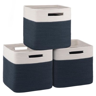 OIAHOMY Cube Storage Basket, 3-Pack Woven Cotton Rope Baskets for Storage, 11-Inch Cube Basket with Handles, Great for Shelves, Closets, Children's Toy Storage and Organization-White & Blue