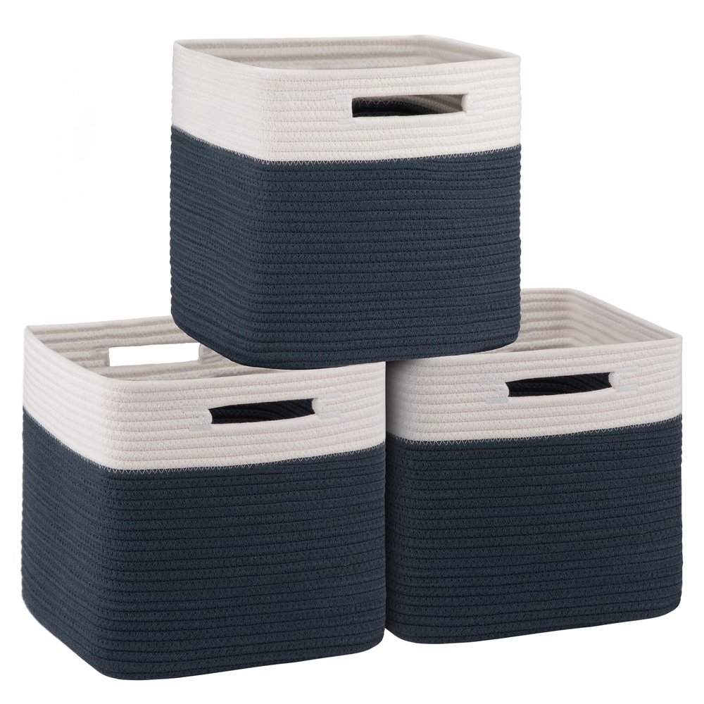 OIAHOMY Cube Storage Basket, 3-Pack Woven Cotton Rope Baskets for Storage, 11-Inch Cube Basket with Handles, Great for Shelves, Closets, Children's Toy Storage and Organization-White & Blue