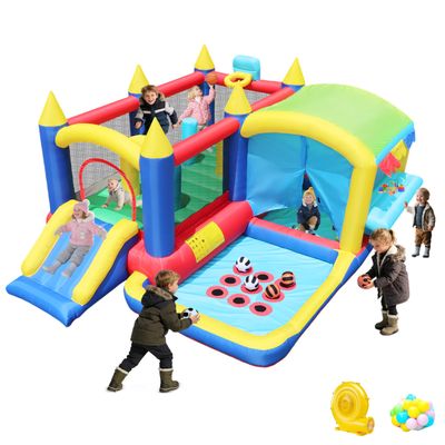 Inflatable Bounce House with Slide, 7-in-1 Jump House with Blower, Shop, Ball Pit, Backetball, Boxing, Tic-Tac-Toe, 13.4x10.5x6.1FT Large Bouncy Castle for Kids 3-10, Bouncer for Backyard Home Party