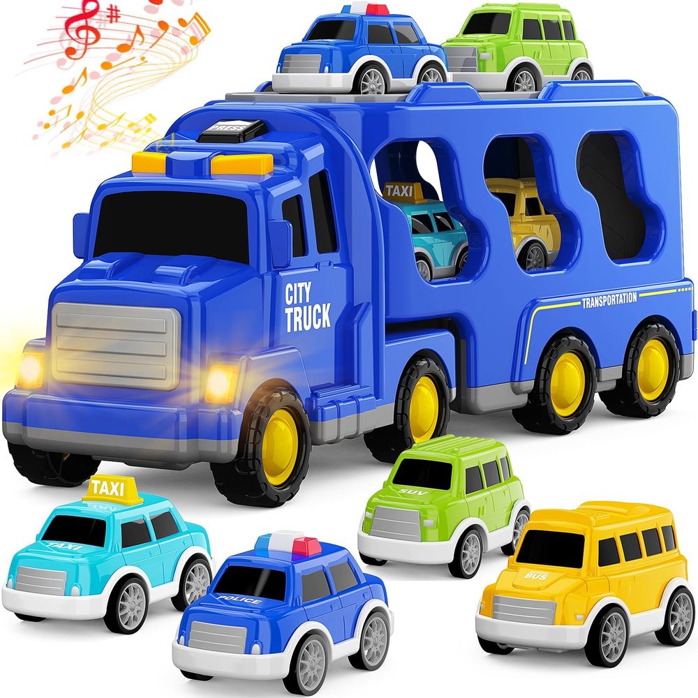 FunMission Toddlers City Truck Toys for Kids 3-9 Year Old5 in 1 Friction Power Vehicle Car for 3 4 5 6 7 Years Old Boys GirlsCarrier Truck Transport Toys for Christmas and Birthday Gifts
