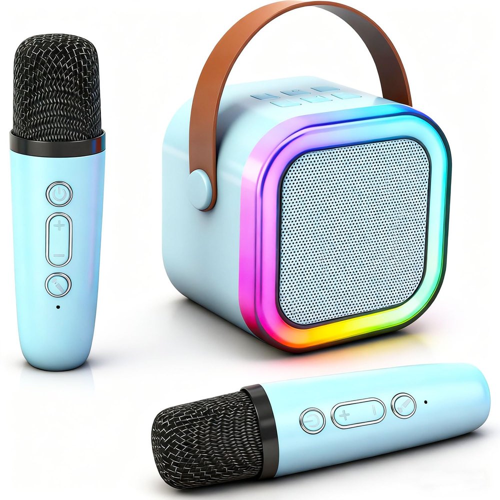 Mini Karaoke Machine for Kids Adults, Portable Bluetooth Karaoke Speaker with 2 Wireless Microphone and Lights Toys for 4, 5, 6, 7, 8, 9,10 Year Old Boys and Girls for Birthday (Blue)