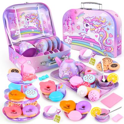 Auney Tea Set Toys for Girls 36pcs, Unicorn Tea Party Toy Pretend Play Toddler Toys, Girls Toys for Birthday Including Carrying Case (Pink Purple Unicorn)