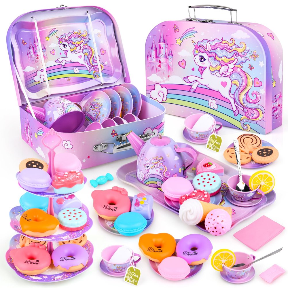 Auney Tea Set Toys for Girls 36pcs, Unicorn Tea Party Toy Pretend Play Toddler Toys, Girls Toys for Birthday Including Carrying Case (Pink Purple Unicorn)