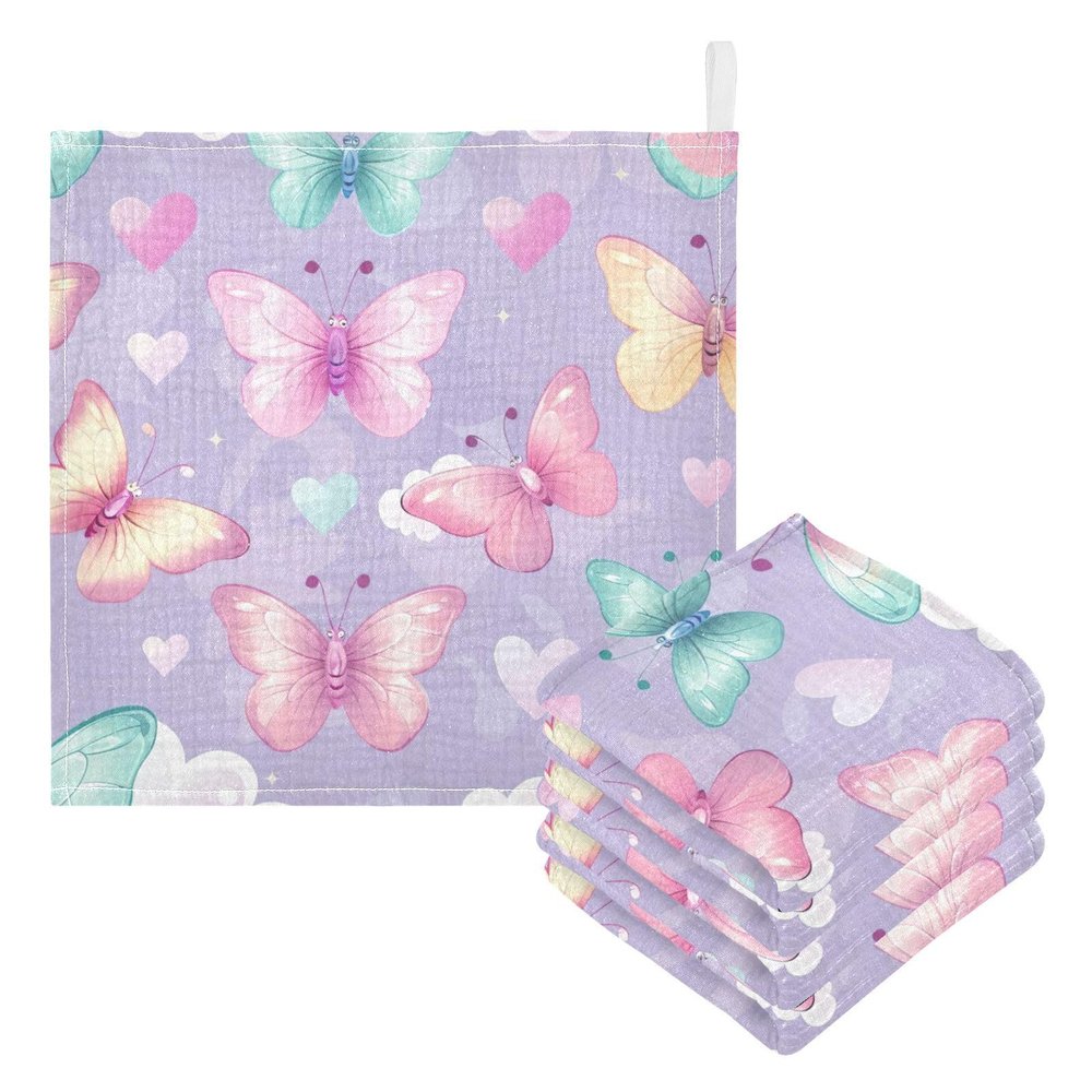 Kigai 5 Pack Baby Muslin Washcloths for Unisex,Cute Butterflies Cotton Soft Absorbent Baby Towels for Sensitive Skin and New Born11.8x11.8 in