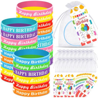 Landical 72pcs/24 Set Happy Birthday Classroom Gifts for Kids Happy Birthday Bracelets Wristband with Gift Tags Organza Bags for Students Party Favors Prizes Reward Gift Bag Fillers(Light)