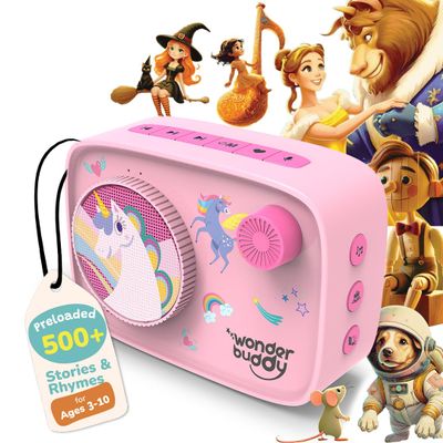 WonderBuddy Kids Story Box Audio Player, 500+ Preloaded Stories & Rhymes with Storybook DIY Art Kit, Voice Recorder, Content Upgrade, Bluetooth, Birthday Gift for Girls 3+ Years- Unicorn