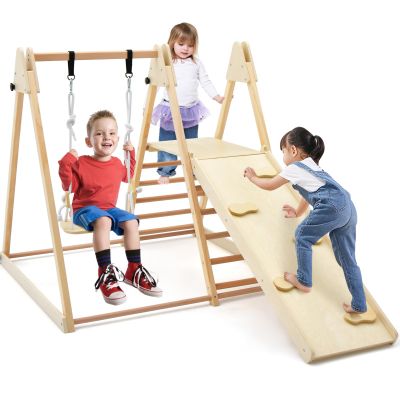 Costzon Indoor Jungle Gym, 5-in-1 Foldable Montessori Climbing Toys for Toddlers w/Double-Sided Slide, Swing, Indoor Wooden Playground Climber Playset for Kids 2-6 Years Birthday Gifts