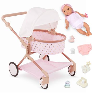 LullaBaby  14-Inch Doll & Twin Stroller Accessories Set  Foldable Canopy & Storage Basket  Pink & Golden Stars Design  Pretend Play 2+ Years Doll Double Stroller Set