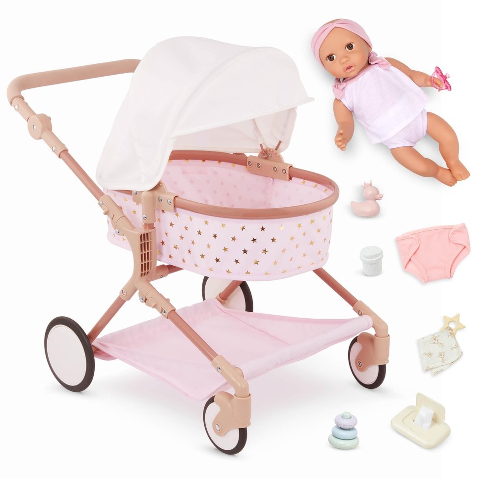 LullaBaby  14-Inch Doll & Twin Stroller Accessories Set  Foldable Canopy & Storage Basket  Pink & Golden Stars Design  Pretend Play 2+ Years Doll Double Stroller Set