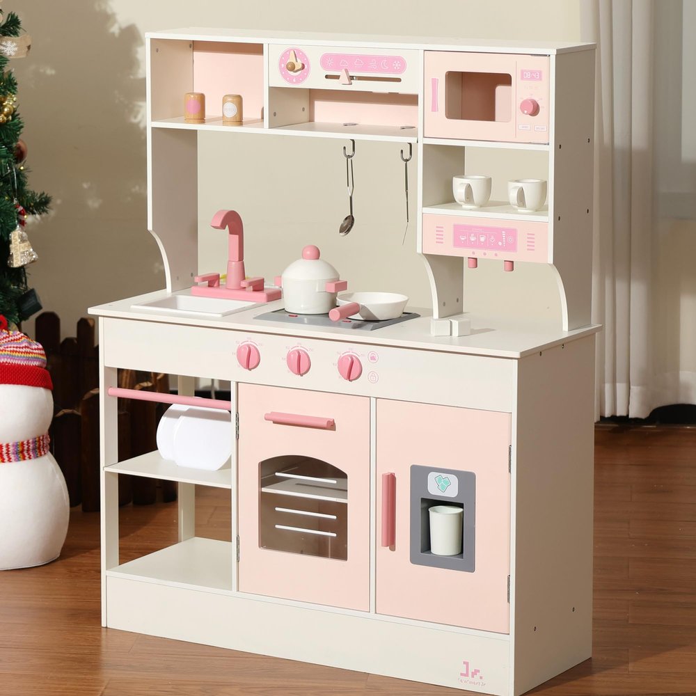 SainSmart Jr. Play Kitchen for Kids, Wooden Kitchen Playset with Lights & Sounds, Ice Maker, Oven & Sink, Trendy Home Style Toy Kitchen, Gift for 3+ Years