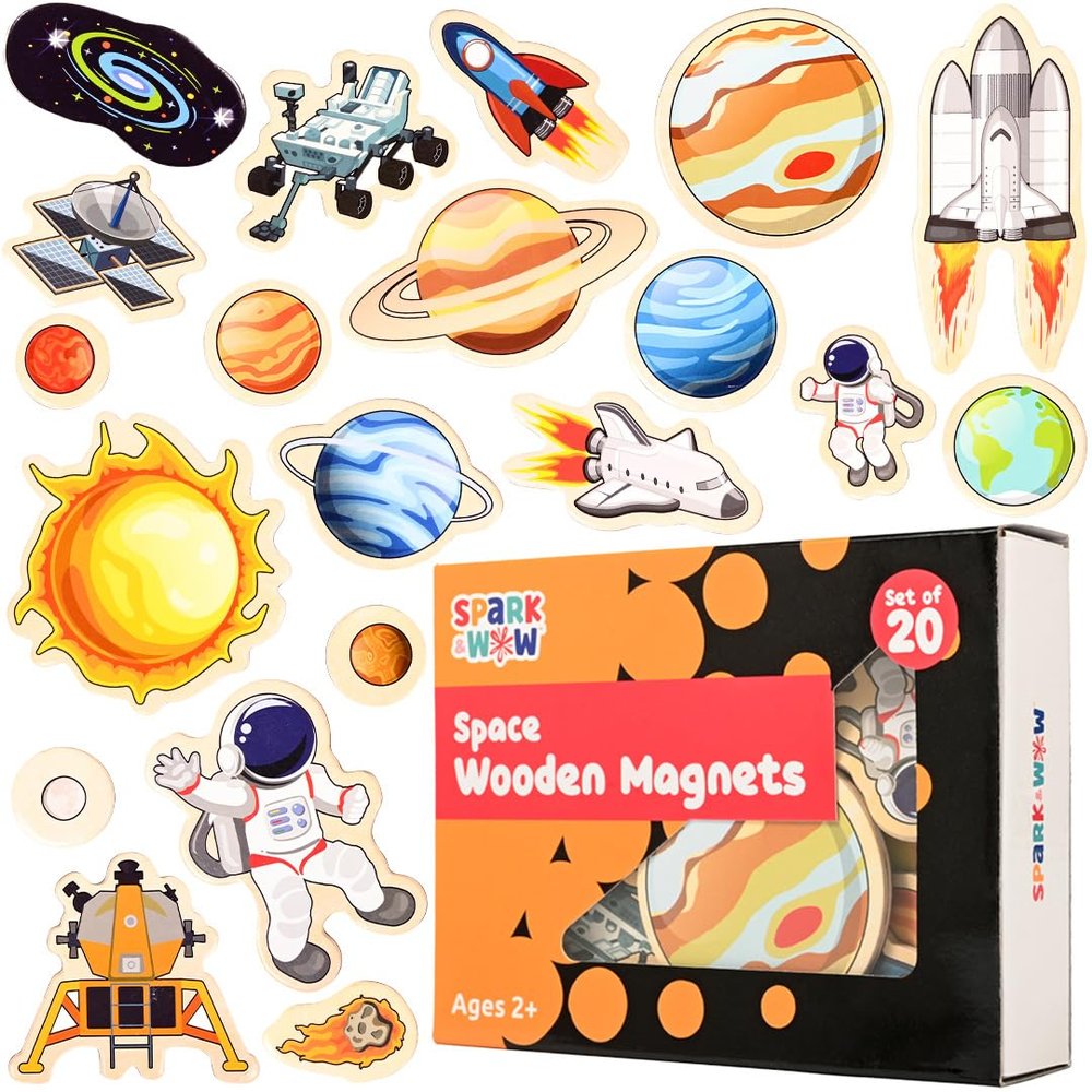 Spark & Wow Wooden Magnets - Space - Set of 20 - Magnets for Kids Ages 2+ - Cute Outer Space Magnets for Fridges, Whiteboards and More