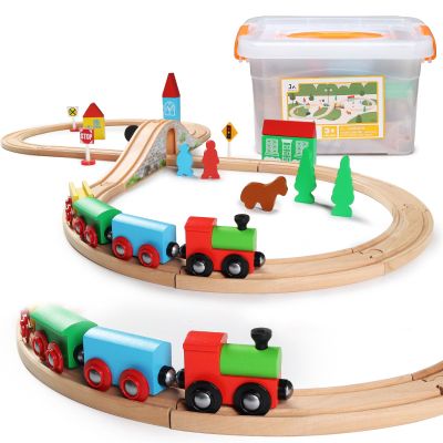 SainSmart Jr. Wooden Train Set for Toddler with Double-Side Train Tracks Fits Brio, Thomas, Melissa and Doug, Kids Wood Toy Train for 3,4,5 Year Old Boys and Girls (Small Town with Container)