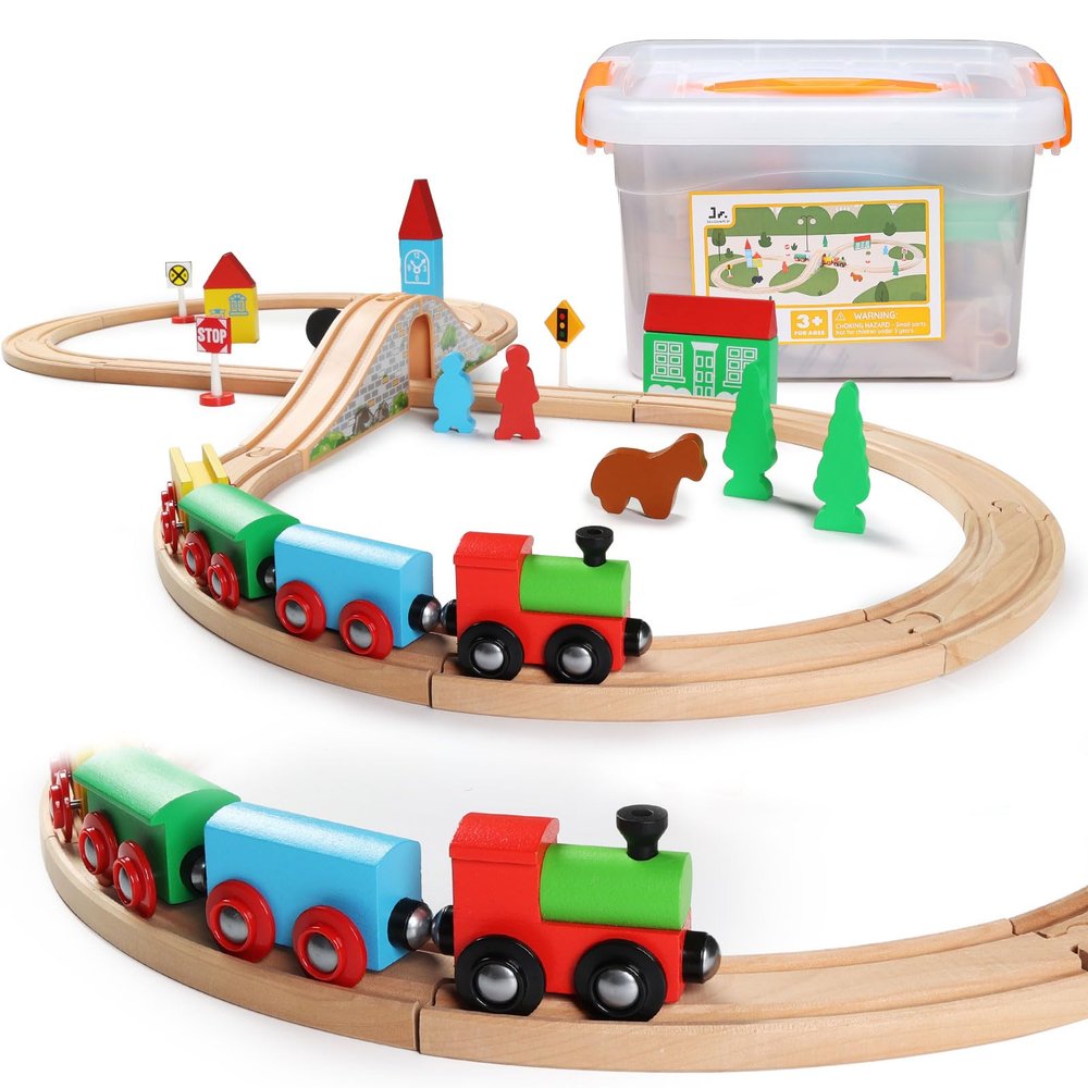 SainSmart Jr. Wooden Train Set for Toddler with Double-Side Train Tracks Fits Brio, Thomas, Melissa and Doug, Kids Wood Toy Train for 3,4,5 Year Old Boys and Girls (Small Town with Container)