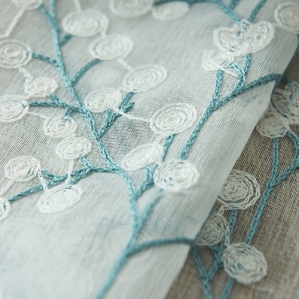 HooHero Blue Northern Europern Exquisite Tree Pattern Embroidered 50 Wide Kids Nursery Room Sheer Curtains Decor Liner Curtain Gauze Voile Fabric
