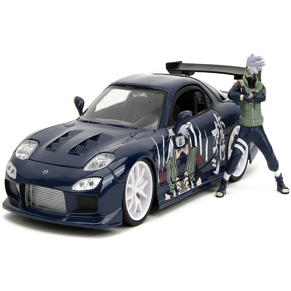1993 RX-7 Dark Blue with Graphics and Kakashi Hatake Diecast Figure (2009-2017) TV Series Anime Hollywood Rides Series 1/24 Diecast Model Car by 35349