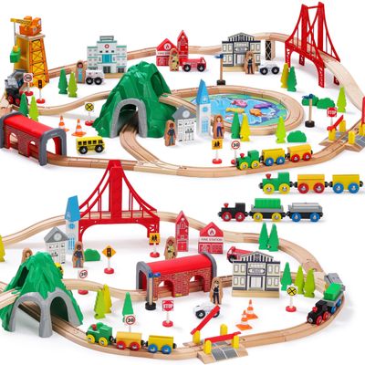 SainSmart Jr. 112-Piece Wooden Train Set for Toddler Double-Sided Train Tracks, Compatible with Brio, Thomas, Melissa & Doug Perfect Wood Toy for Boys and Girls