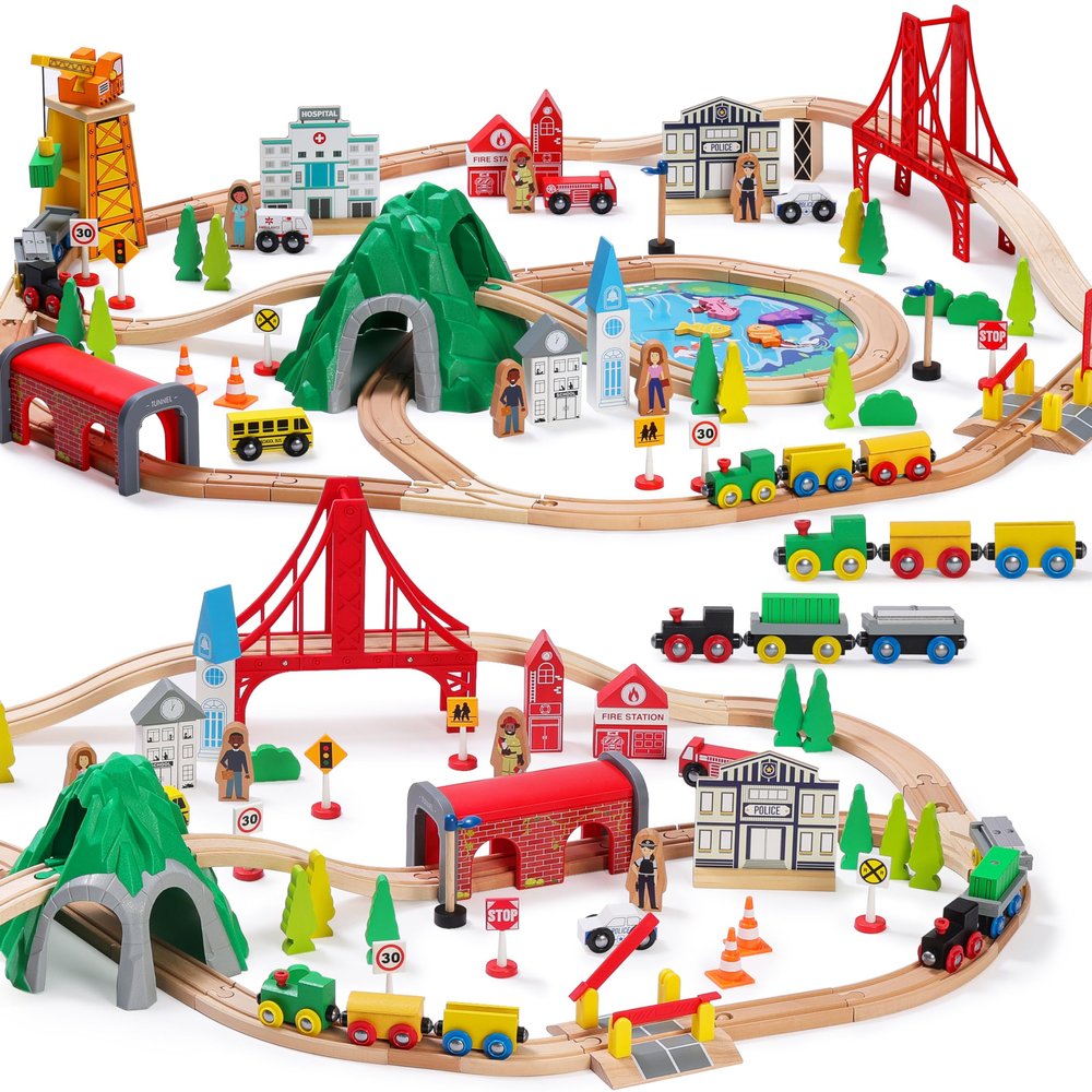 SainSmart Jr. 112-Piece Wooden Train Set for Toddler Double-Sided Train Tracks, Compatible with Brio, Thomas, Melissa & Doug Perfect Wood Toy for Boys and Girls