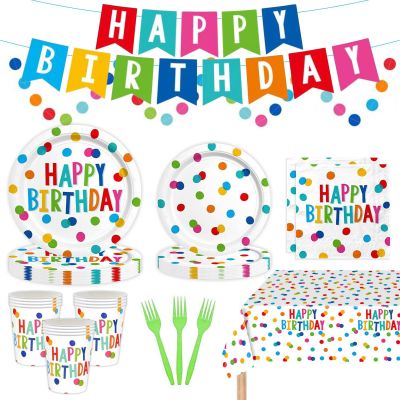 128Pcs Colorful Dots Party Supplies, Includes: Happy Birthday Plates, Napkins, Cups, Tablecloth, Banner, Serves 25